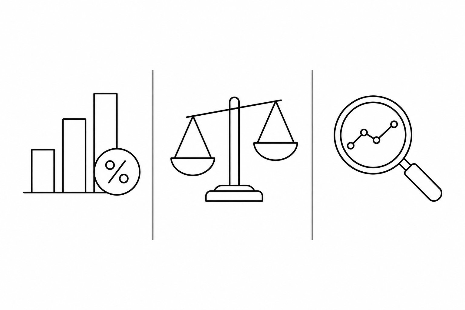 Dessin au trait : histogramme avec pourcentage, balance déséquilibrée et loupe sur une courbe