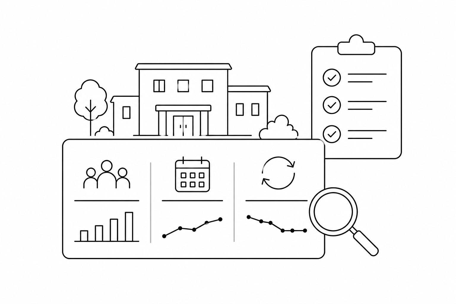 Dessin au trait : un établissement, un tableau de bord d’indicateurs et une loupe