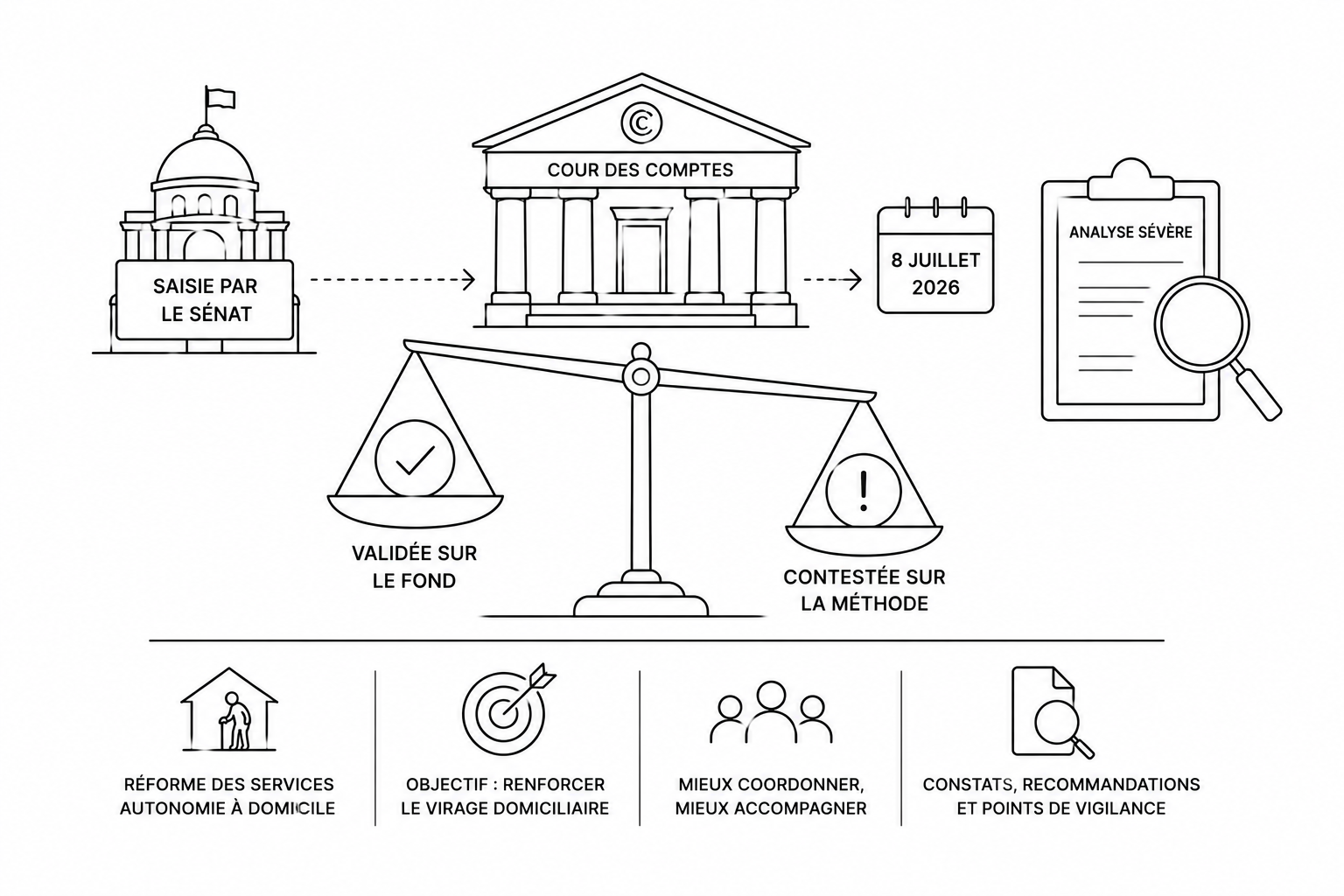 Dessin au trait : la Cour des comptes saisie par le Sénat, réforme validée sur le fond et contestée sur la méthode